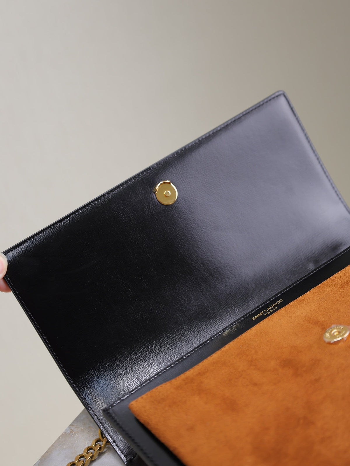 Saint Laurent 25S Sunset MM 25 in Black Calfskin and Caramel Suede Gold Hardwre Bag