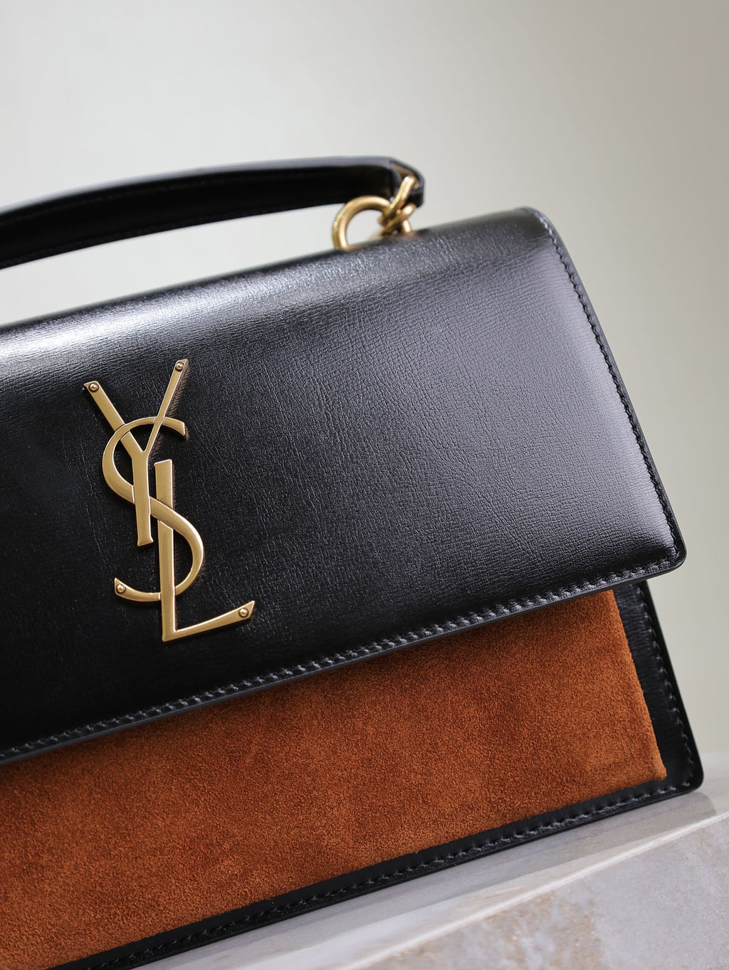 Saint Laurent 25S Sunset MM 25 in Black Calfskin and Caramel Suede Gold Hardwre Bag