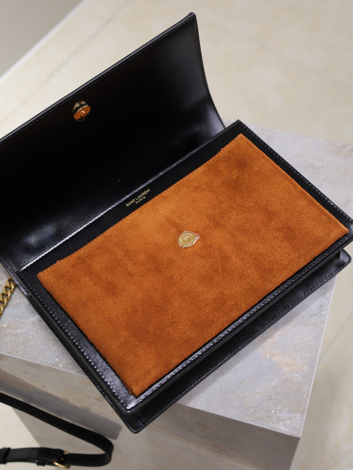 Saint Laurent 25S Sunset MM 25 in Black Calfskin and Caramel Suede Gold Hardwre Bag
