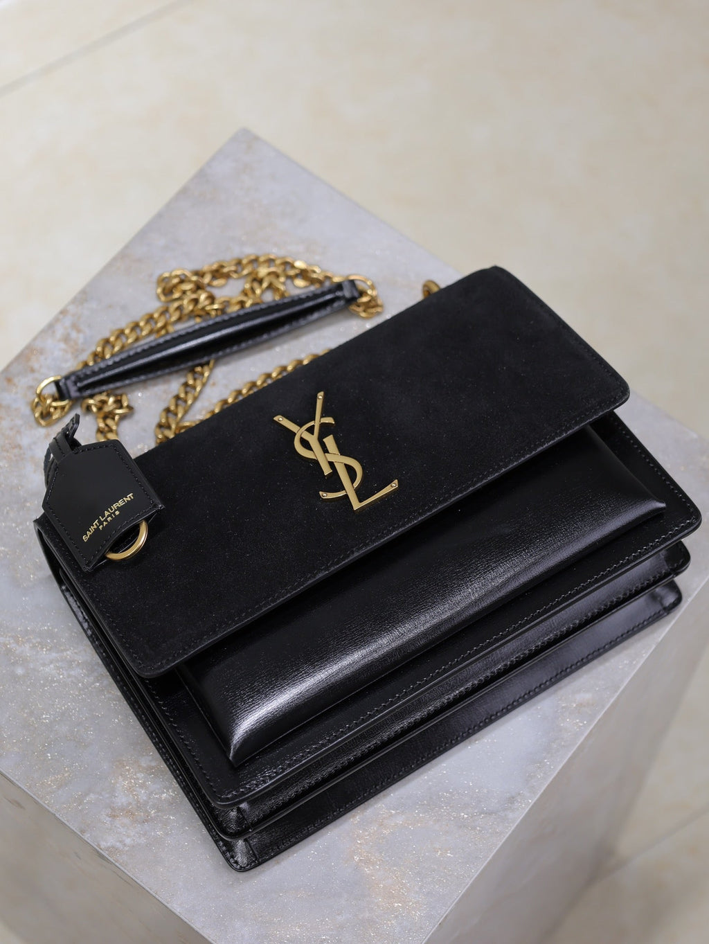 Saint Laurent 25S Sunset Bag 22 in Black Calfskin and Suede Gold Hardwre
