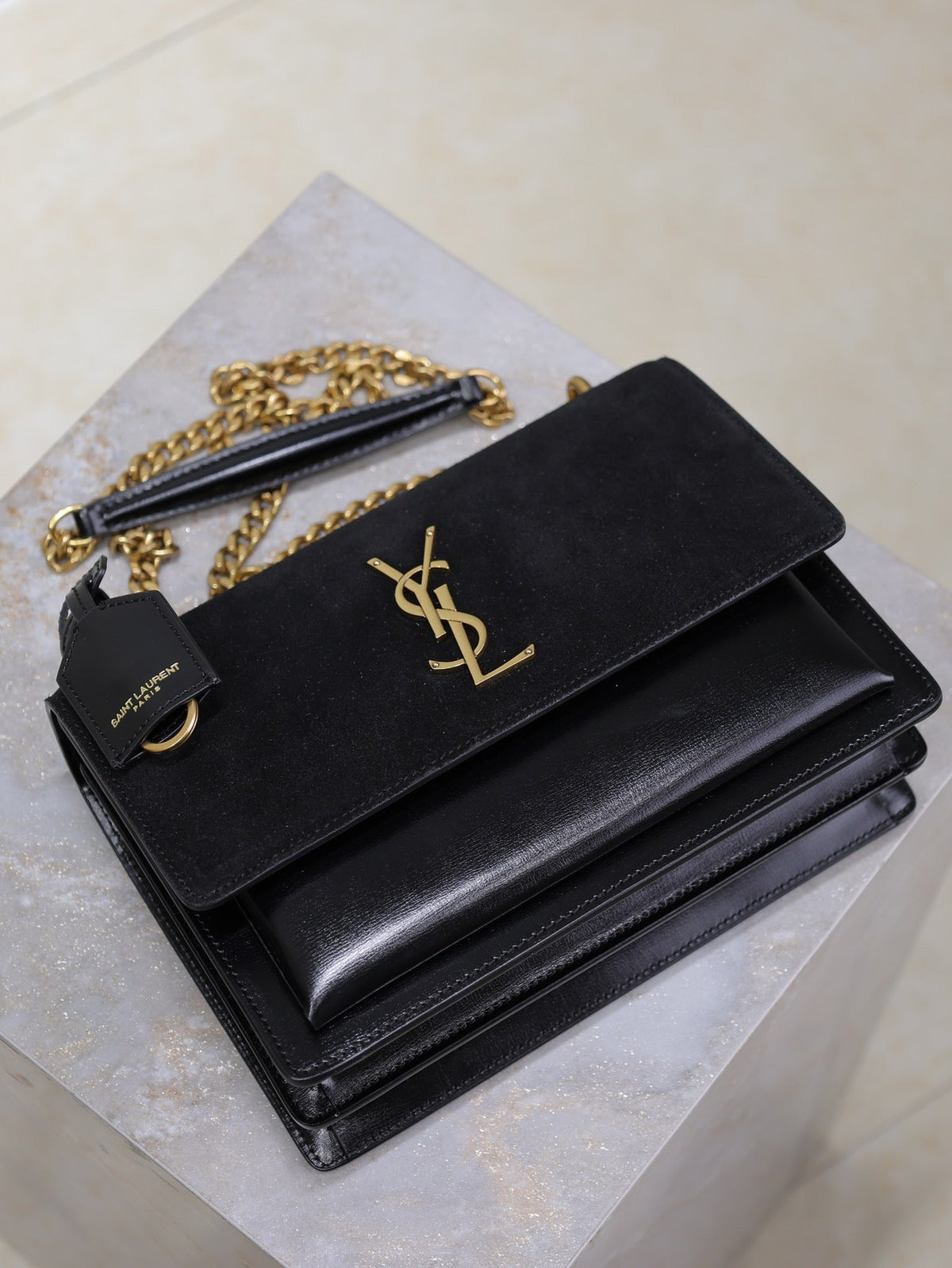 Saint Laurent 25S Sunset Bag 22 in Black Calfskin and Suede Gold Hardwre