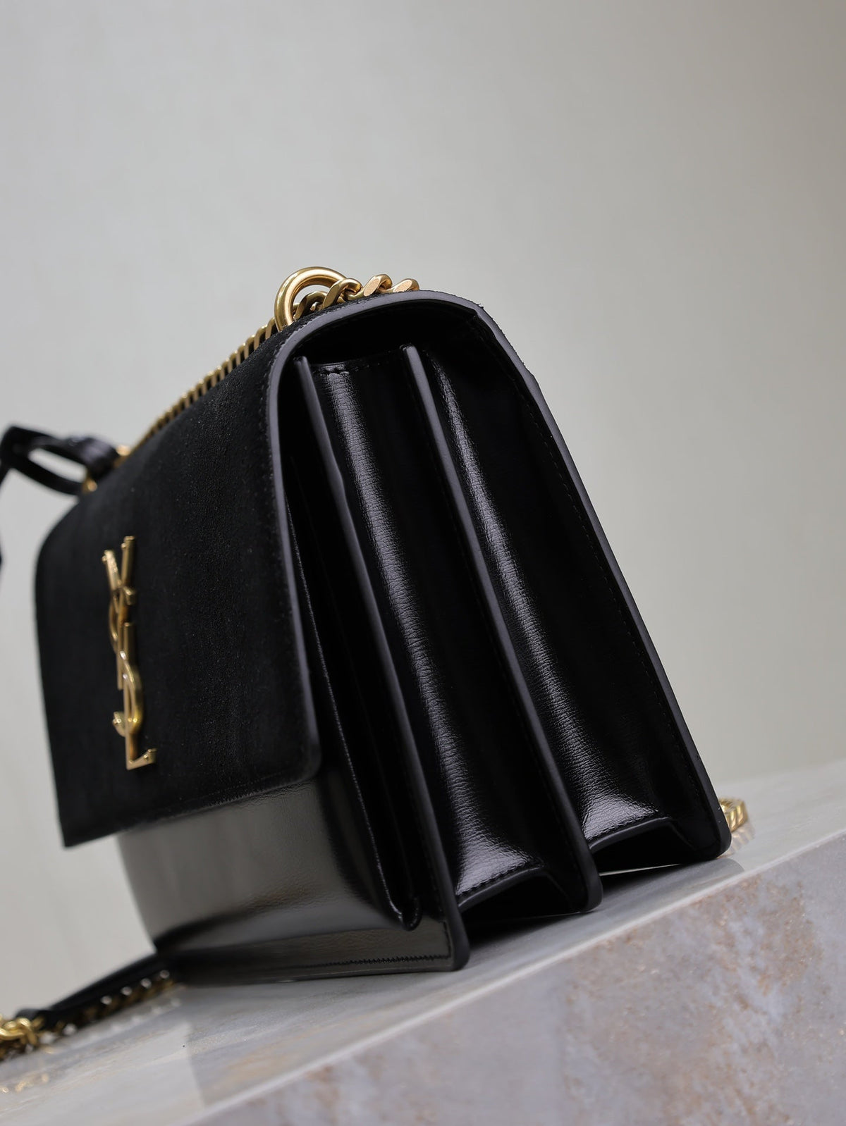 Saint Laurent 25S Sunset Bag 22 in Black Calfskin and Suede Gold Hardwre
