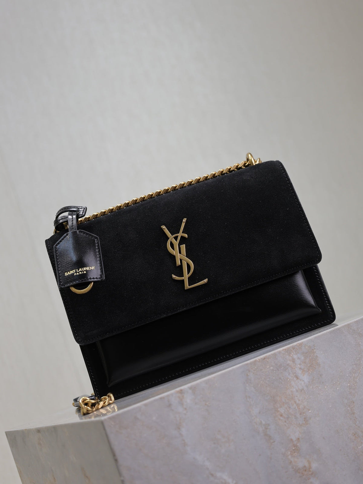 Saint Laurent 25S Sunset Bag 22 in Black Calfskin and Suede Gold Hardware