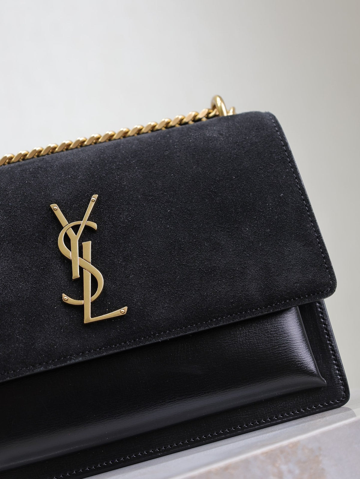 Saint Laurent 25S Sunset Bag 22 in Black Calfskin and Suede Gold Hardwre