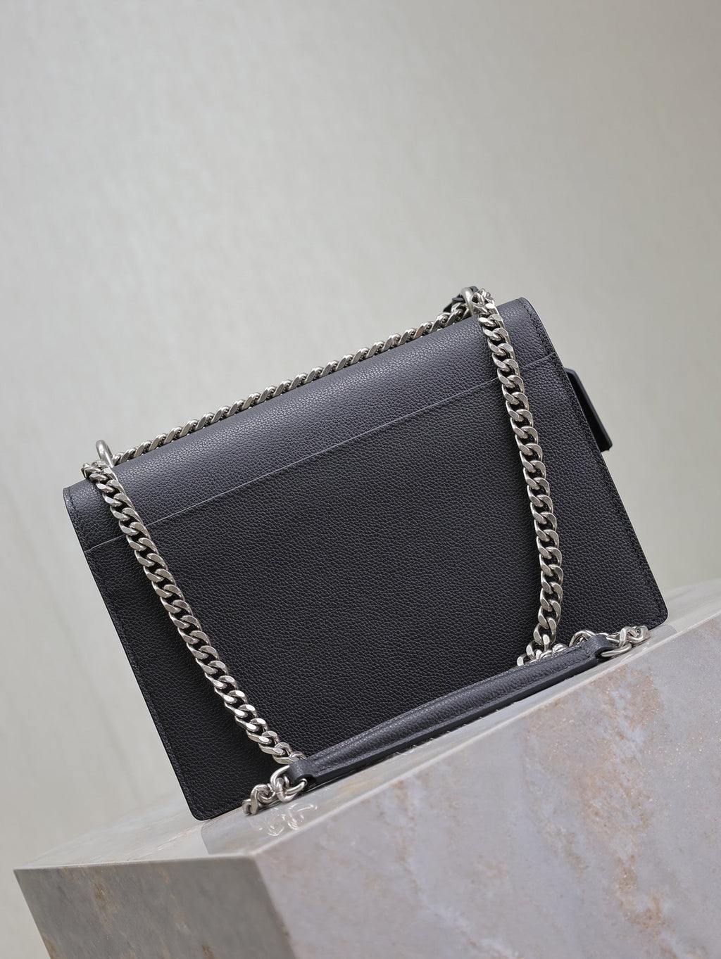 Saint Laurent 25S Sunset Medium 22 in Black Grained Calfskin Silver Hardwre Bag