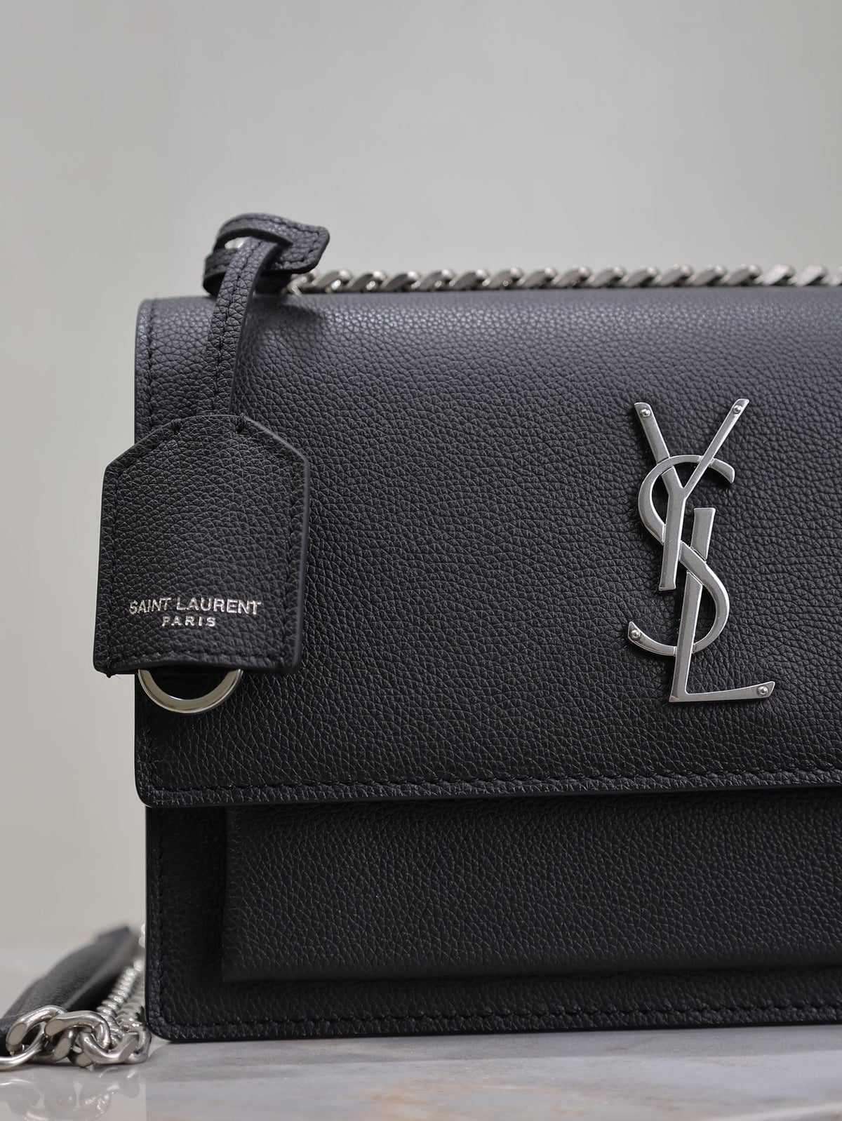 Saint Laurent 25S Sunset Medium 22 in Black Grained Calfskin Silver Hardwre Bag