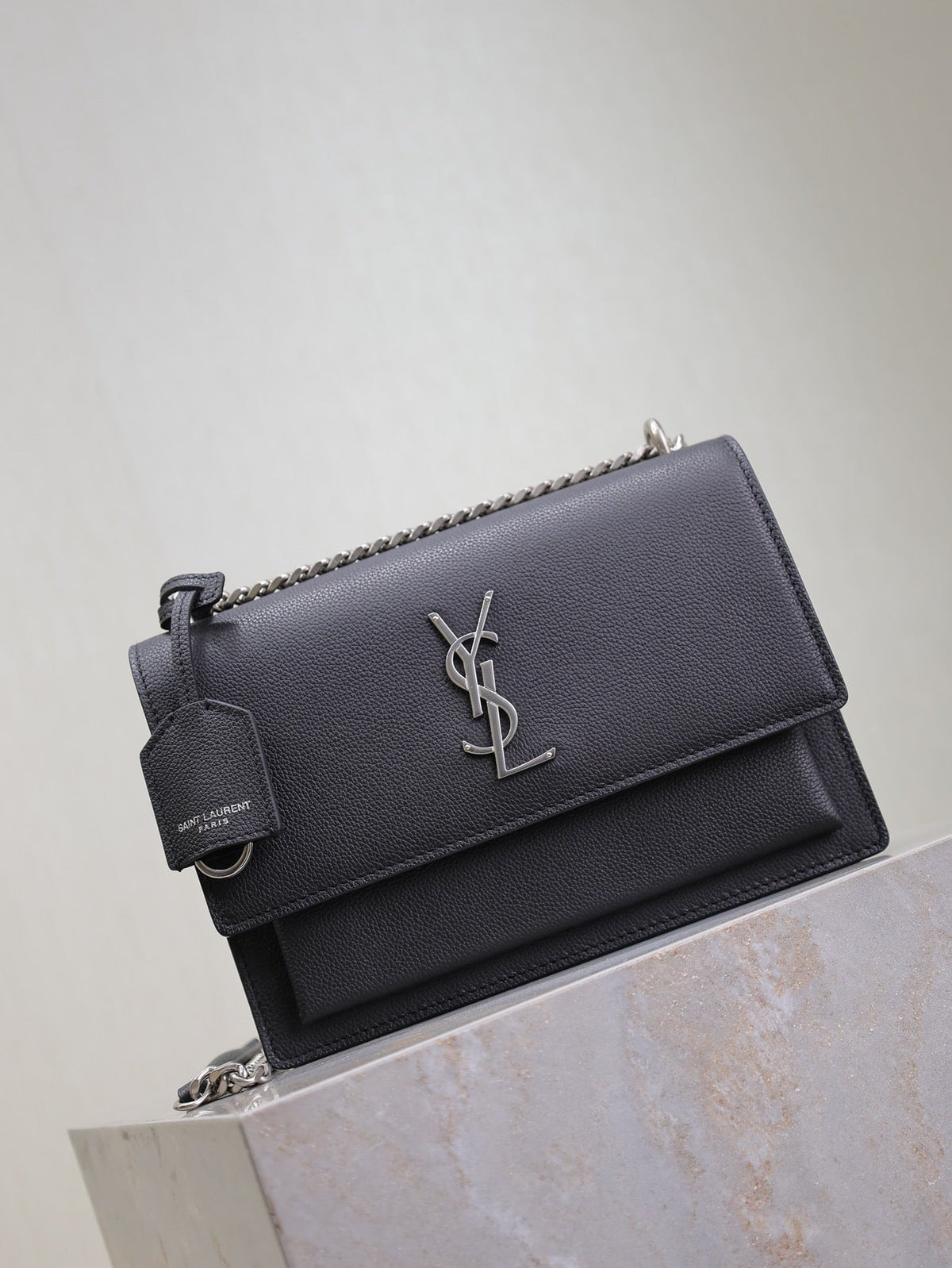 Saint Laurent 25S Sunset Medium 22 in Black Grained Calfskin Silver Hardwre Bag