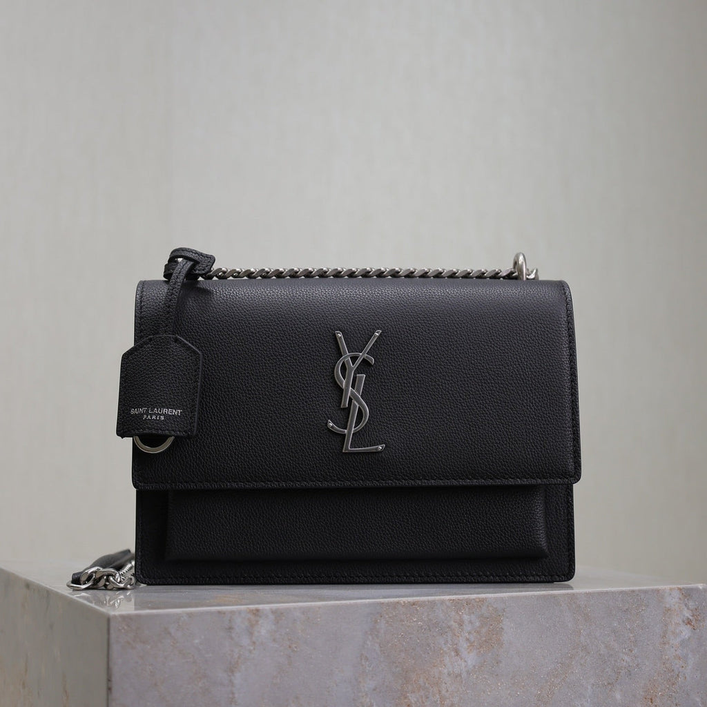 Saint Laurent 25S Sunset Medium 22 in Black Grained Calfskin Silver Hardwre Bag