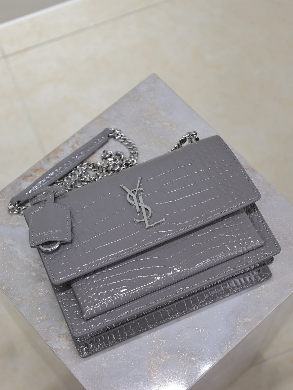 Saint Laurent 25S Sunset Medium 22 in Dark Gray Crocodile-Embossed Shiny Calfskin Silver Hardwre Bag