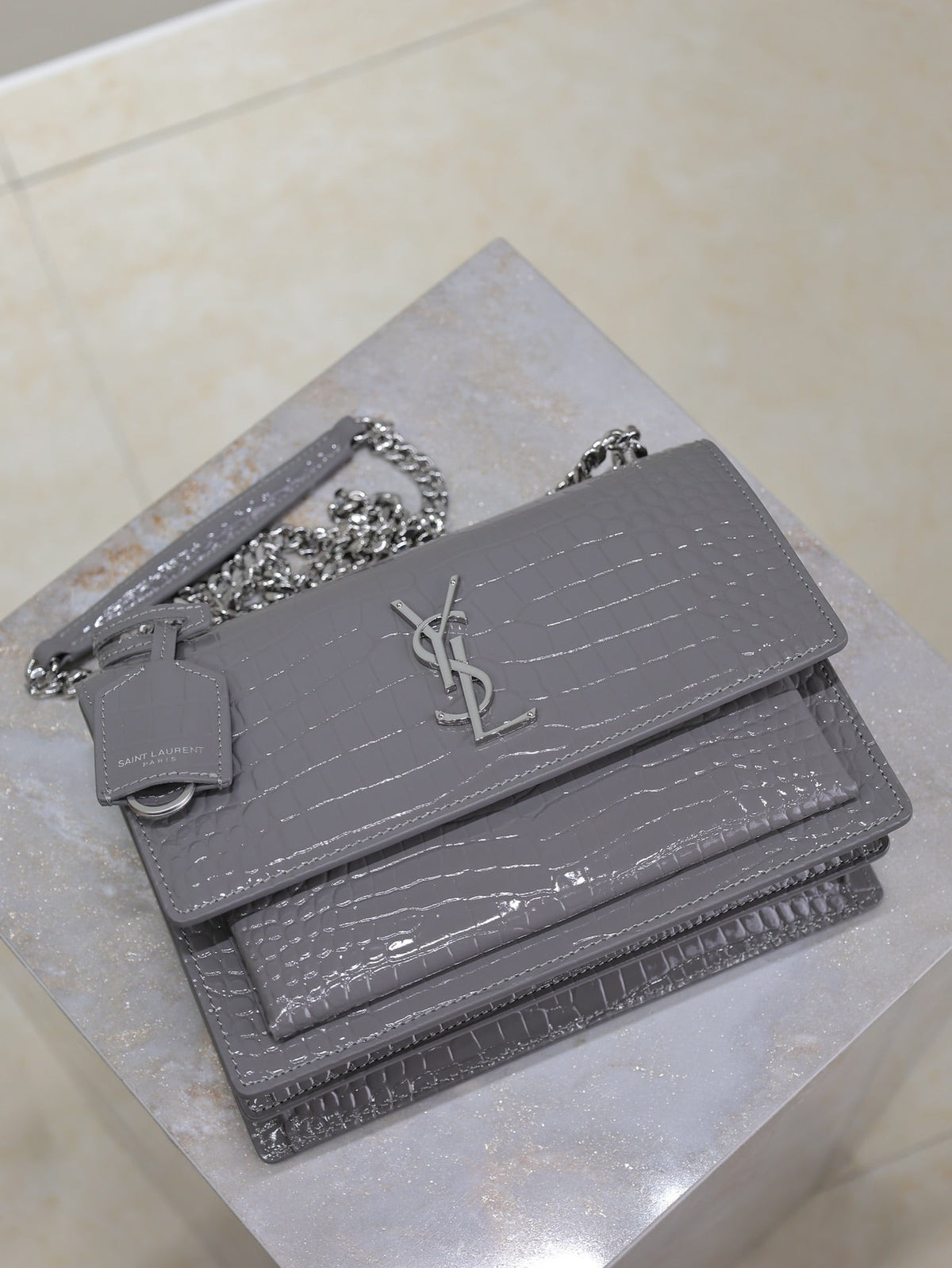 Saint Laurent 25S Sunset Medium 22 in Dark Gray Crocodile-Embossed Shiny Calfskin Silver Hardwre Bag