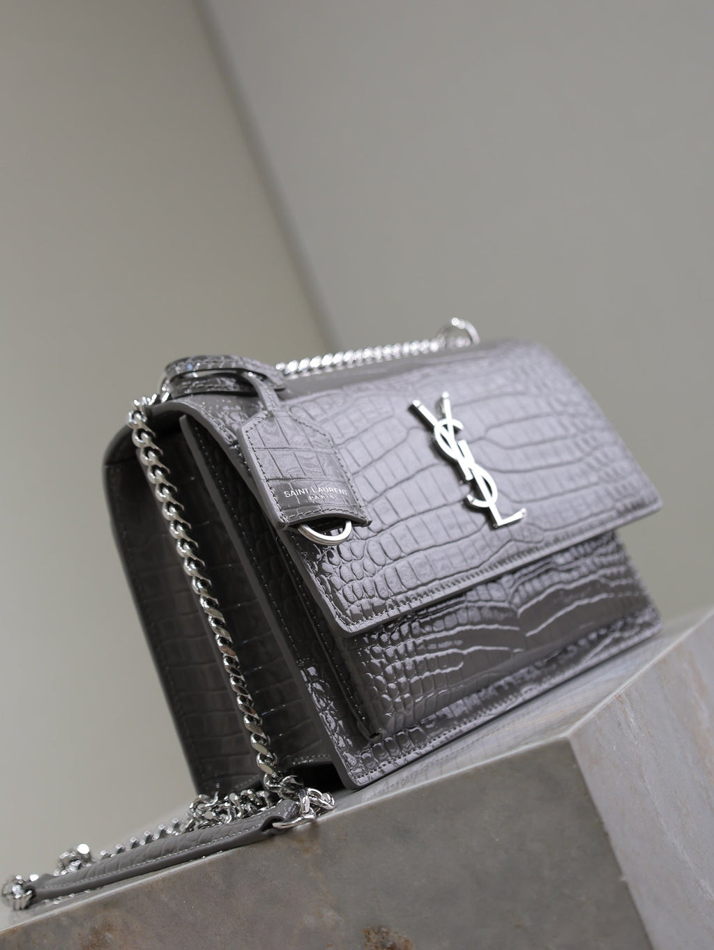 Saint Laurent 25S Sunset Medium 22 in Dark Gray Crocodile-Embossed Shiny Calfskin Silver Hardwre Bag