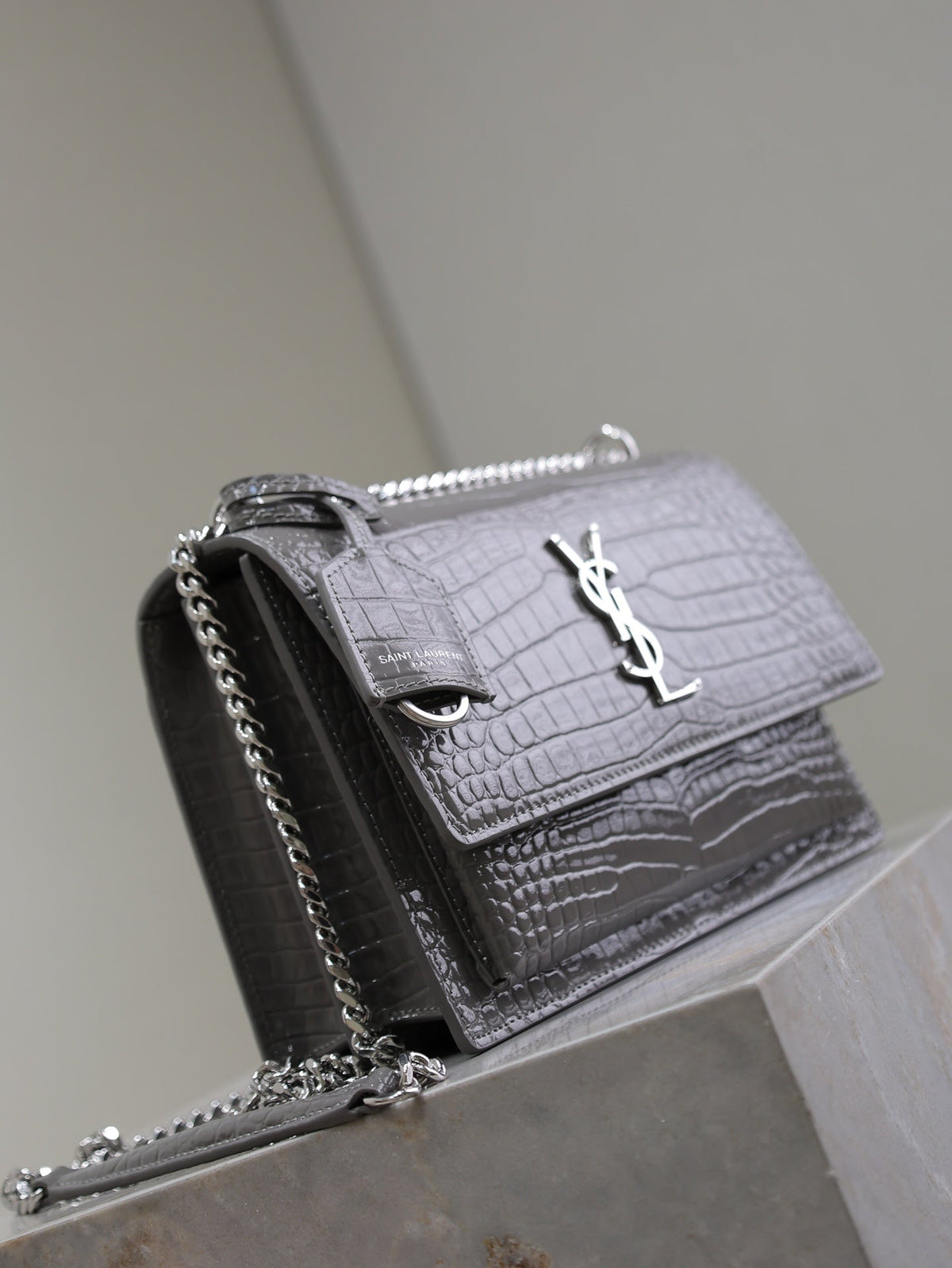 Saint Laurent 25S Sunset Medium 22 in Dark Gray Crocodile-Embossed Shiny Calfskin Silver Hardwre Bag