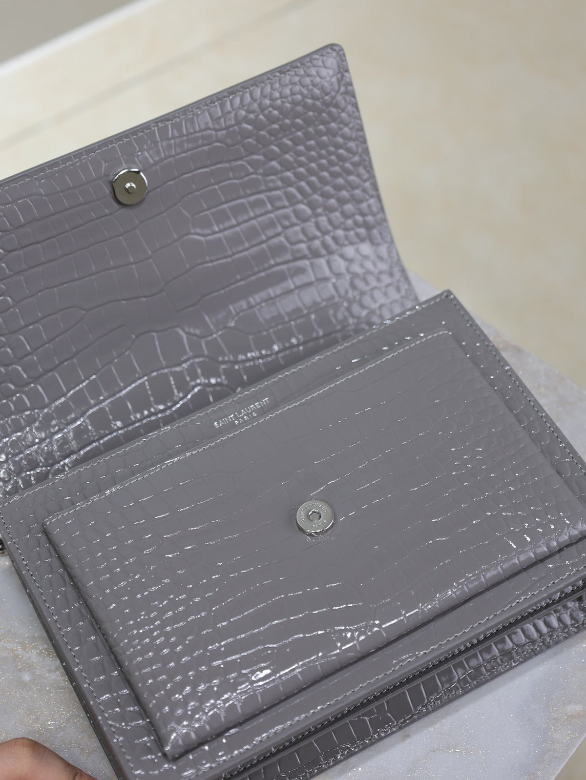 Saint Laurent 25S Sunset Medium 22 in Dark Gray Crocodile-Embossed Shiny Calfskin Silver Hardwre Bag