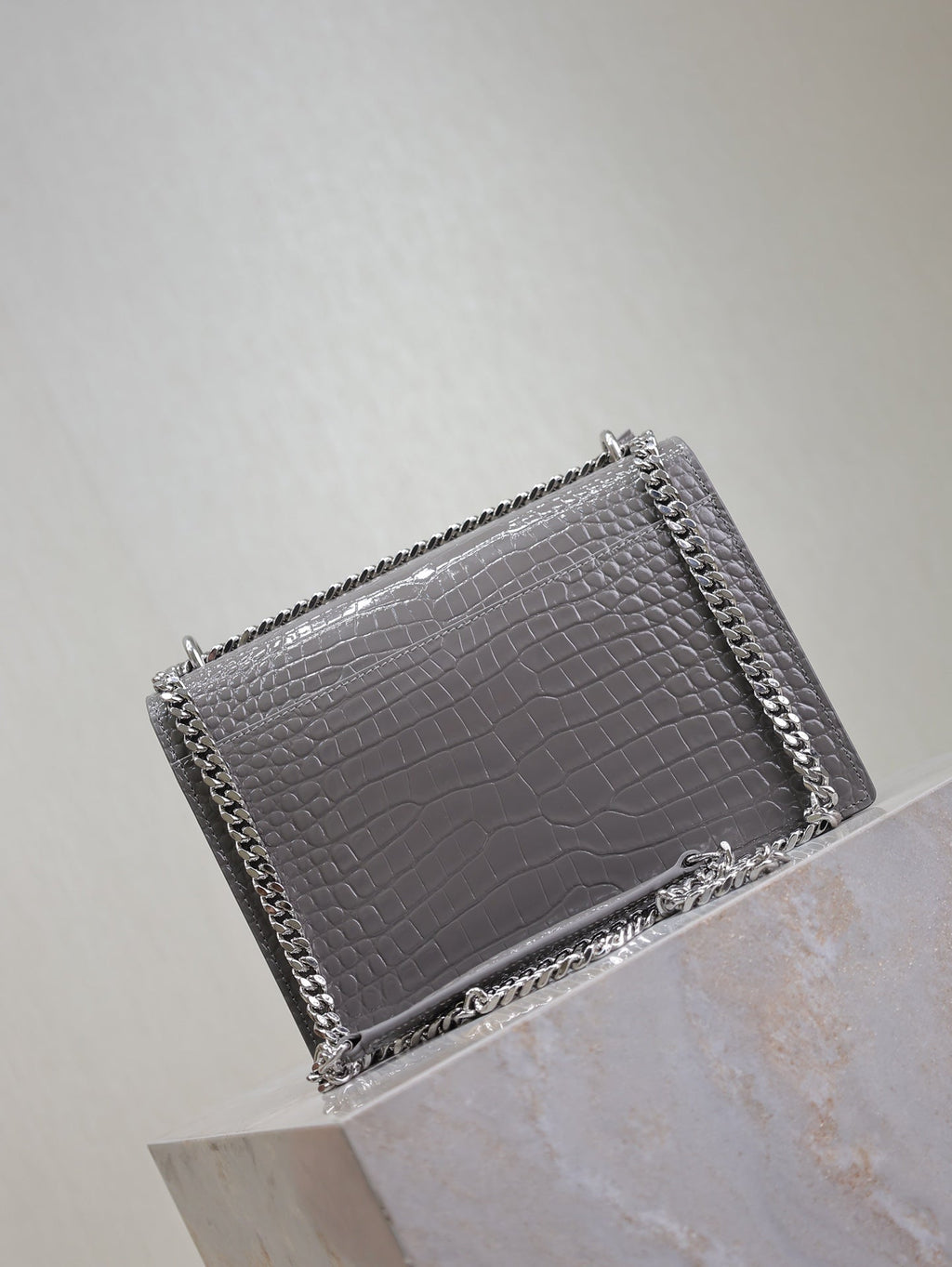 Saint Laurent 25S Sunset Medium 22 in Dark Gray Crocodile-Embossed Shiny Calfskin Silver Hardwre Bag
