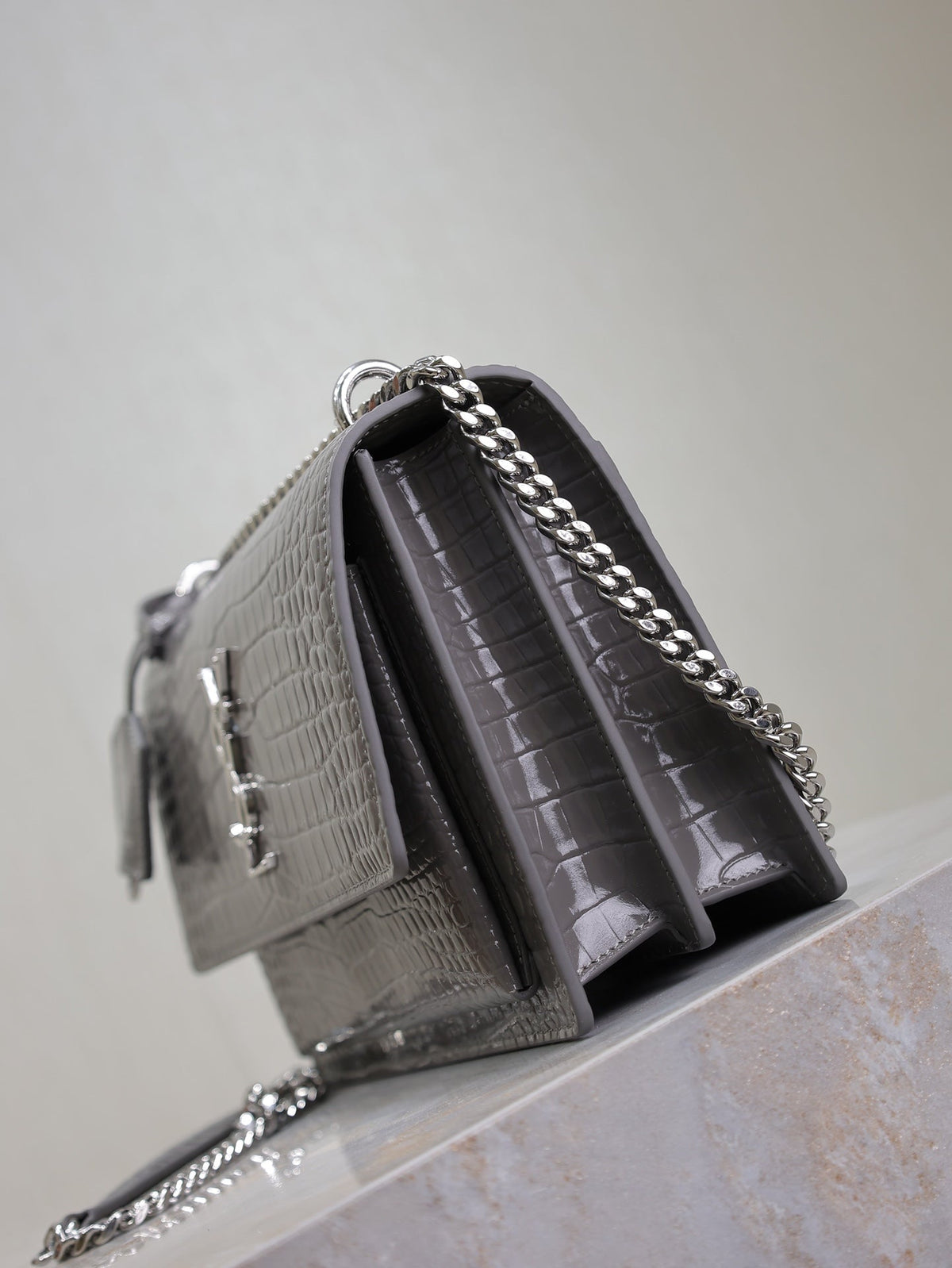 Saint Laurent 25S Sunset Medium 22 in Dark Gray Crocodile-Embossed Shiny Calfskin Silver Hardwre Bag