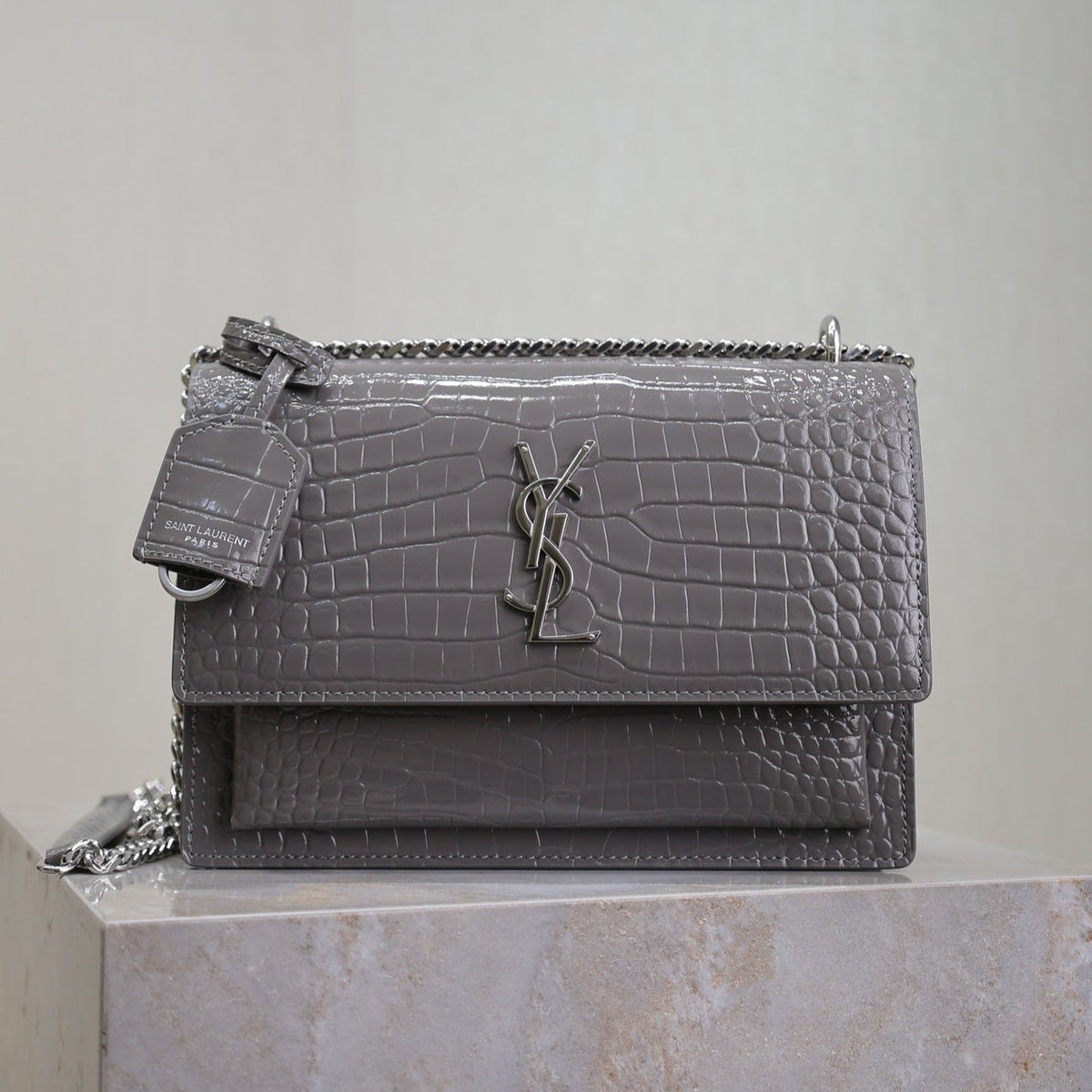 Saint Laurent 25S Sunset Medium 22 in Dark Gray Crocodile-Embossed Shiny Calfskin Silver Hardwre Bag