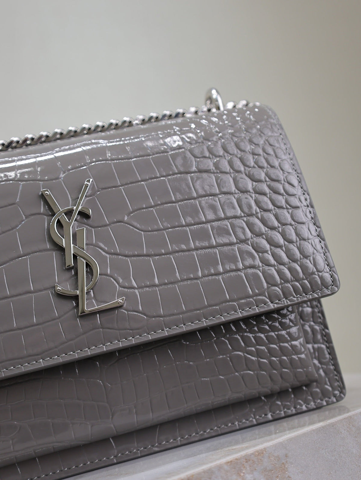 Saint Laurent 25S Sunset Medium 22 in Dark Gray Crocodile-Embossed Shiny Calfskin Silver Hardwre Bag