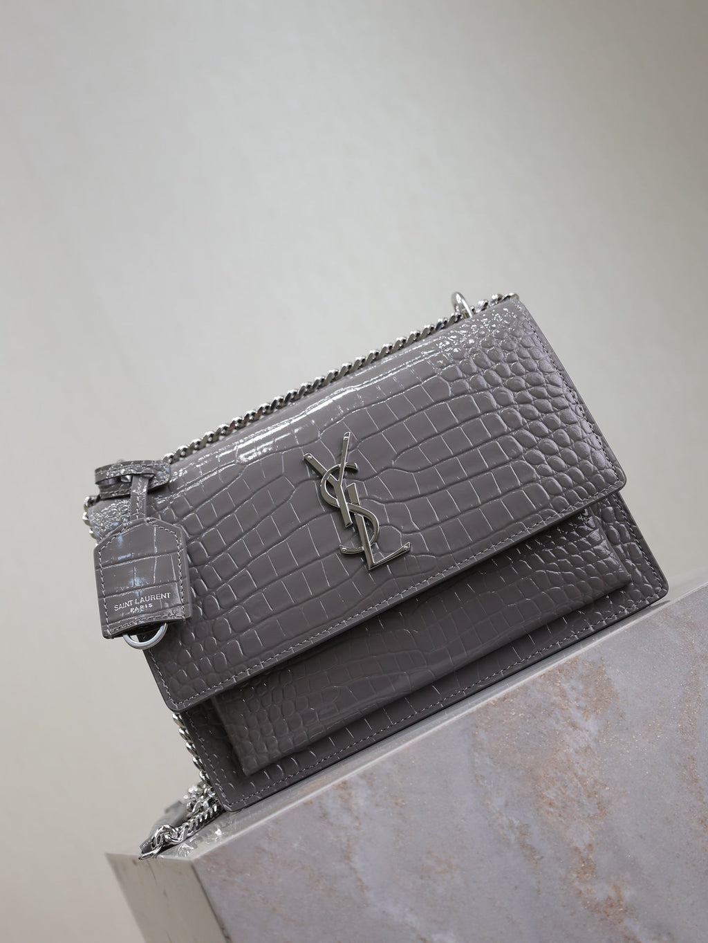 Saint Laurent 25S Sunset Medium 22 in Dark Gray Crocodile-Embossed Shiny Calfskin Silver Hardwre Bag