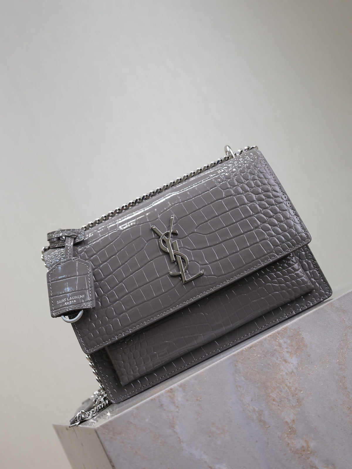Saint Laurent 25S Sunset Medium 22 in Dark Gray Crocodile-Embossed Shiny Calfskin Silver Hardwre Bag