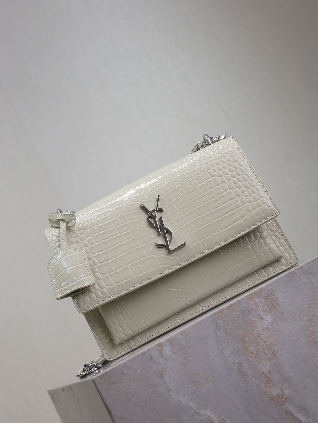 Saint Laurent 25S Sunset Medium 22 in Ivory Crocodile-Embossed Shiny Calfskin Silver Hardwre Bag