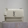 Saint Laurent 25S Sunset Medium 22 in Ivory Crocodile-Embossed Shiny Calfskin Silver Hardwre Bag