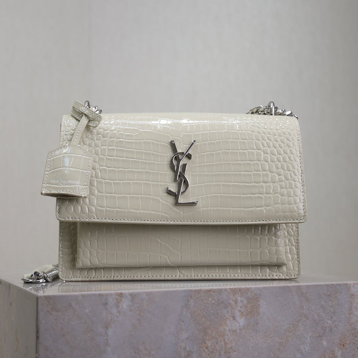 Saint Laurent 25S Sunset Medium 22 in Ivory Crocodile-Embossed Shiny Calfskin Silver Hardwre Bag