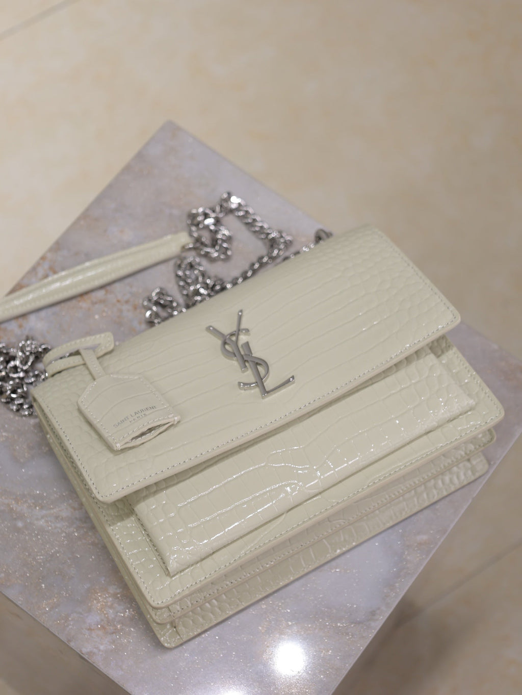 Saint Laurent 25S Sunset Medium 22 in Ivory Crocodile-Embossed Shiny Calfskin Silver Hardwre Bag
