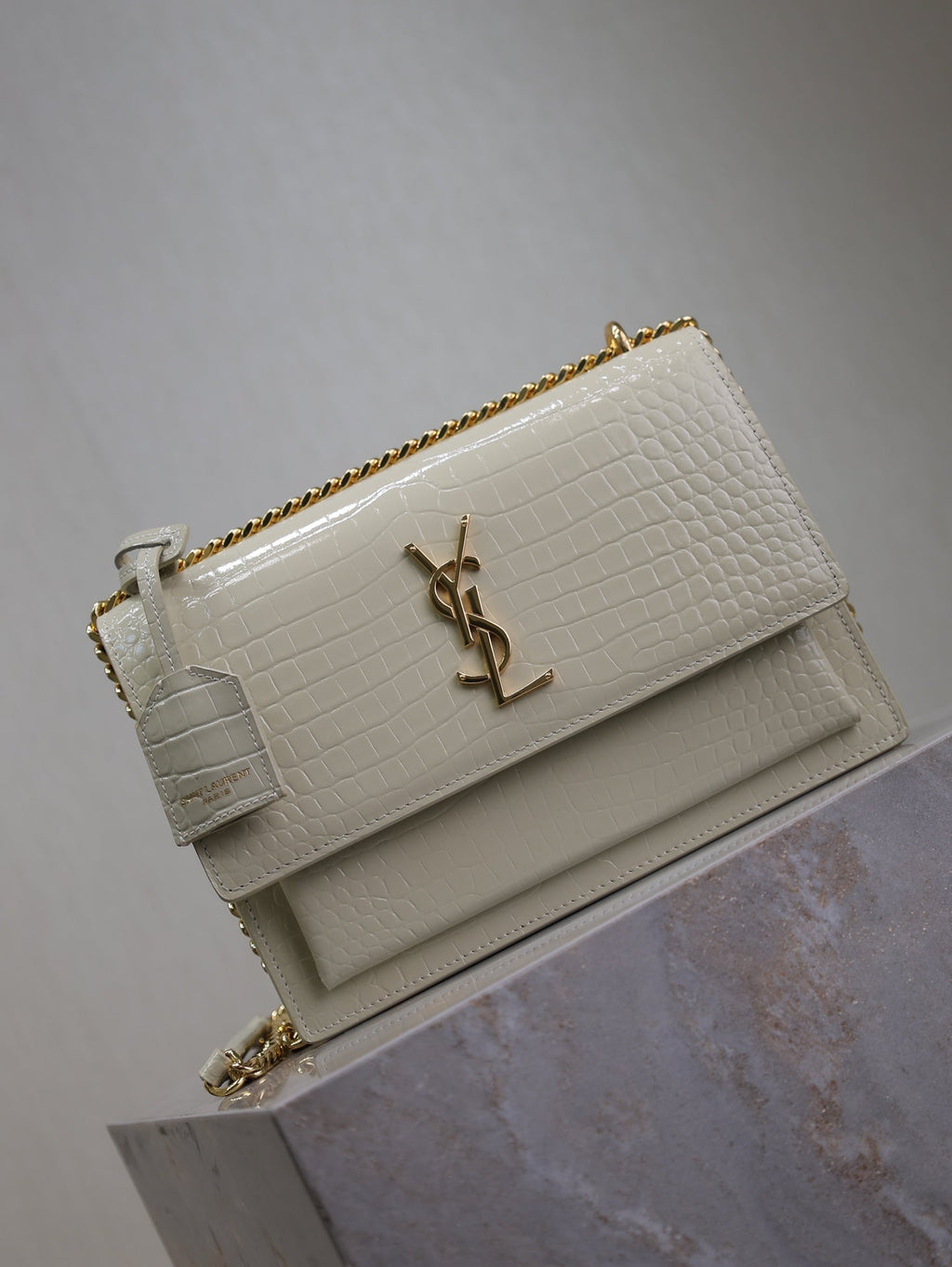 Saint Laurent 25S Sunset Medium 22 in Ivory Crocodile-Embossed Shiny Calfskin Gold Hardwre Bag