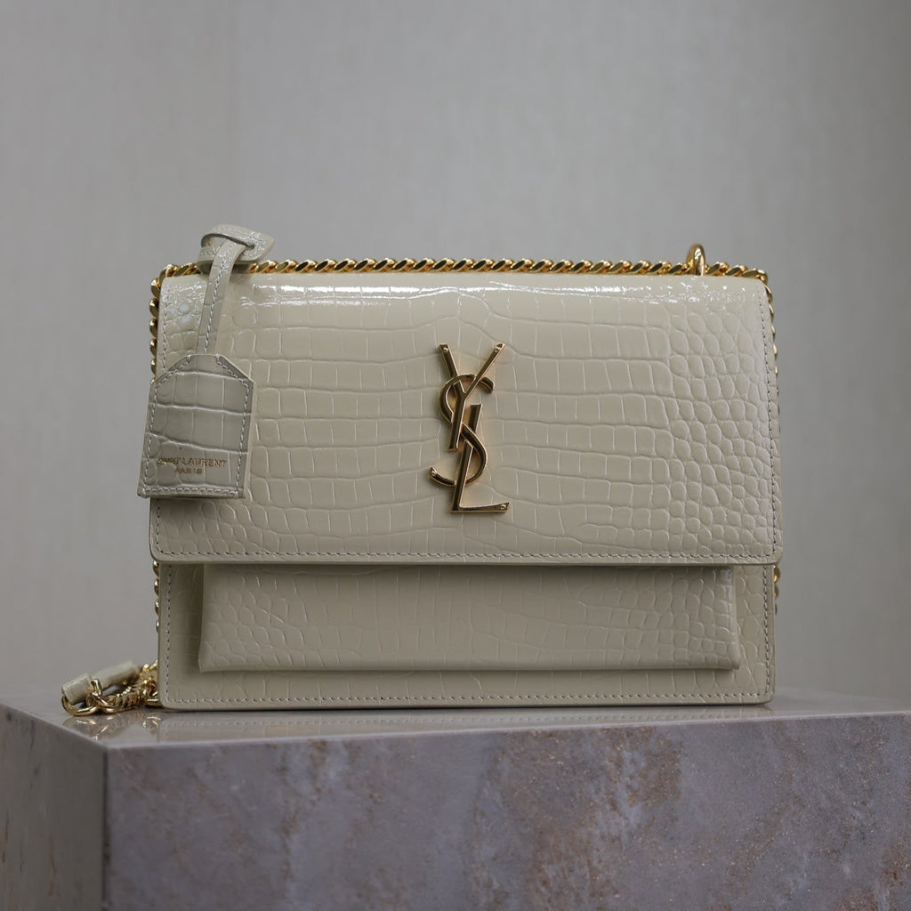 Saint Laurent 25S Sunset Medium 22 in Ivory Crocodile-Embossed Shiny Calfskin Gold Hardwre Bag