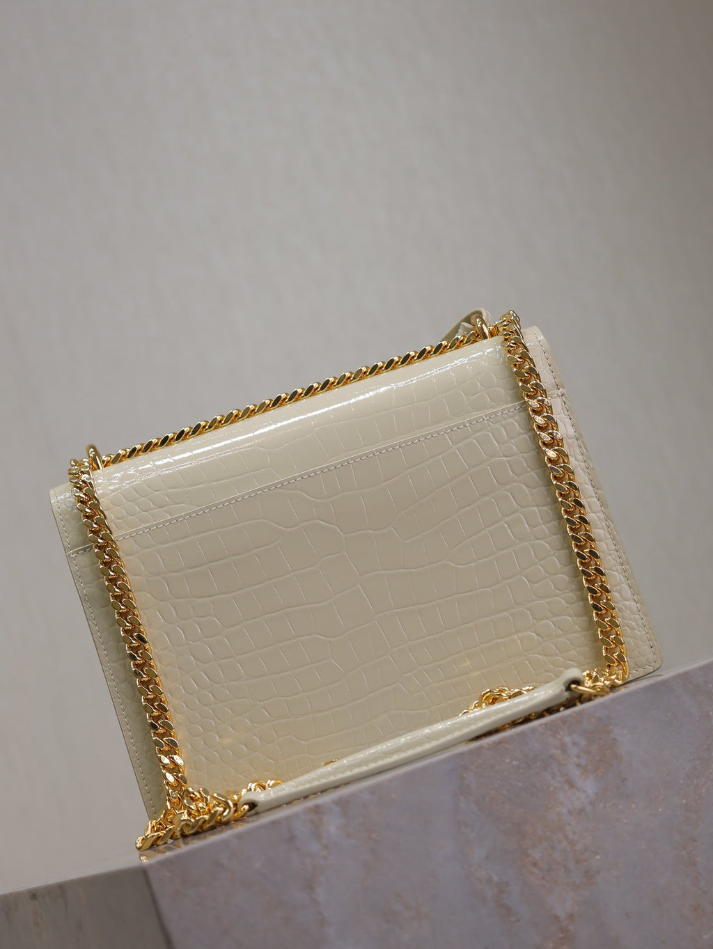 Saint Laurent 25S Sunset Medium 22 in Ivory Crocodile-Embossed Shiny Calfskin Gold Hardwre Bag