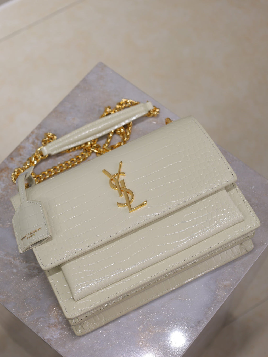 Saint Laurent 25S Sunset Medium 22 in Ivory Crocodile-Embossed Shiny Calfskin Gold Hardwre Bag