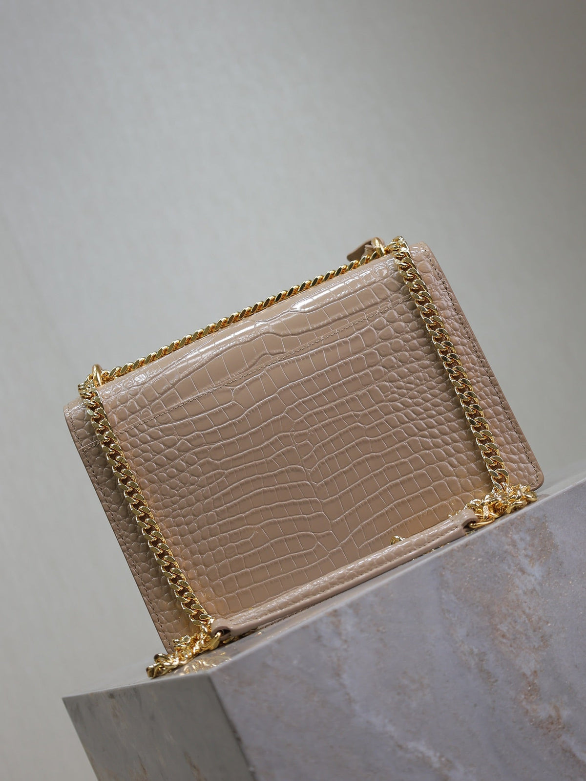 Saint Laurent 25S Sunset Medium 22 in Nude Crocodile-Embossed Shiny Calfskin Gold Hardwre Bag