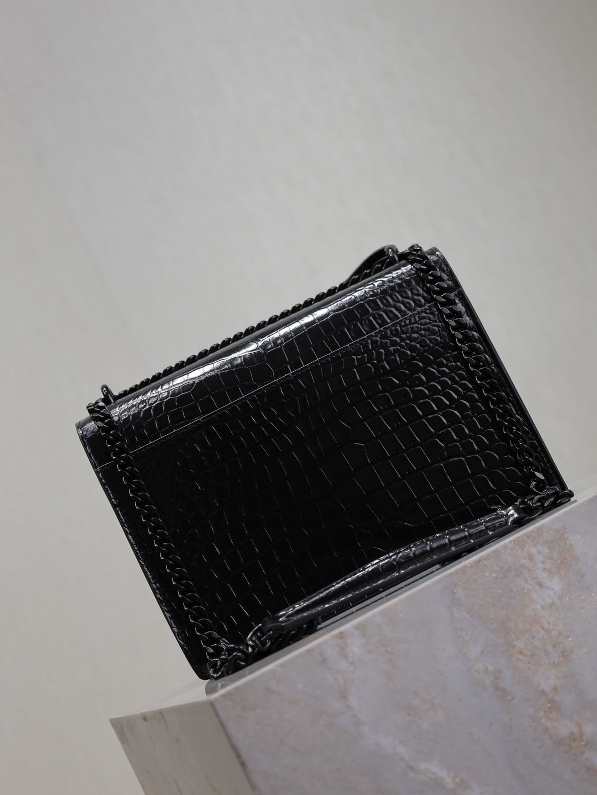 Saint Laurent 25S Sunset Medium 22 in Black Crocodile-Embossed Shiny Calfskin Black Hardwre Bag