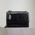 Saint Laurent 25S Sunset Medium 22 in Black Crocodile-Embossed Shiny Calfskin Black Hardwre Bag