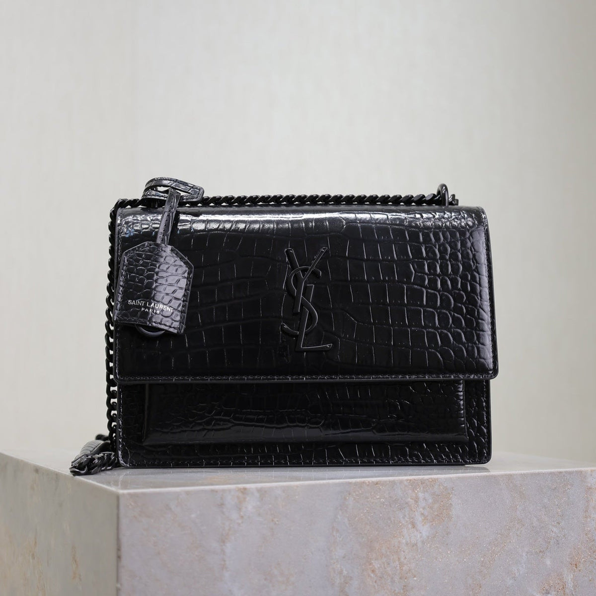Saint Laurent 25S Sunset Medium 22 in Black Crocodile-Embossed Shiny Calfskin Black Hardwre Bag