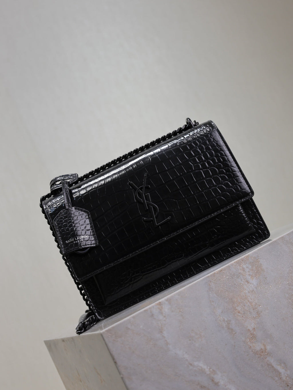 Saint Laurent 25S Sunset Medium 22 in Black Crocodile-Embossed Shiny Calfskin Black Hardwre Bag
