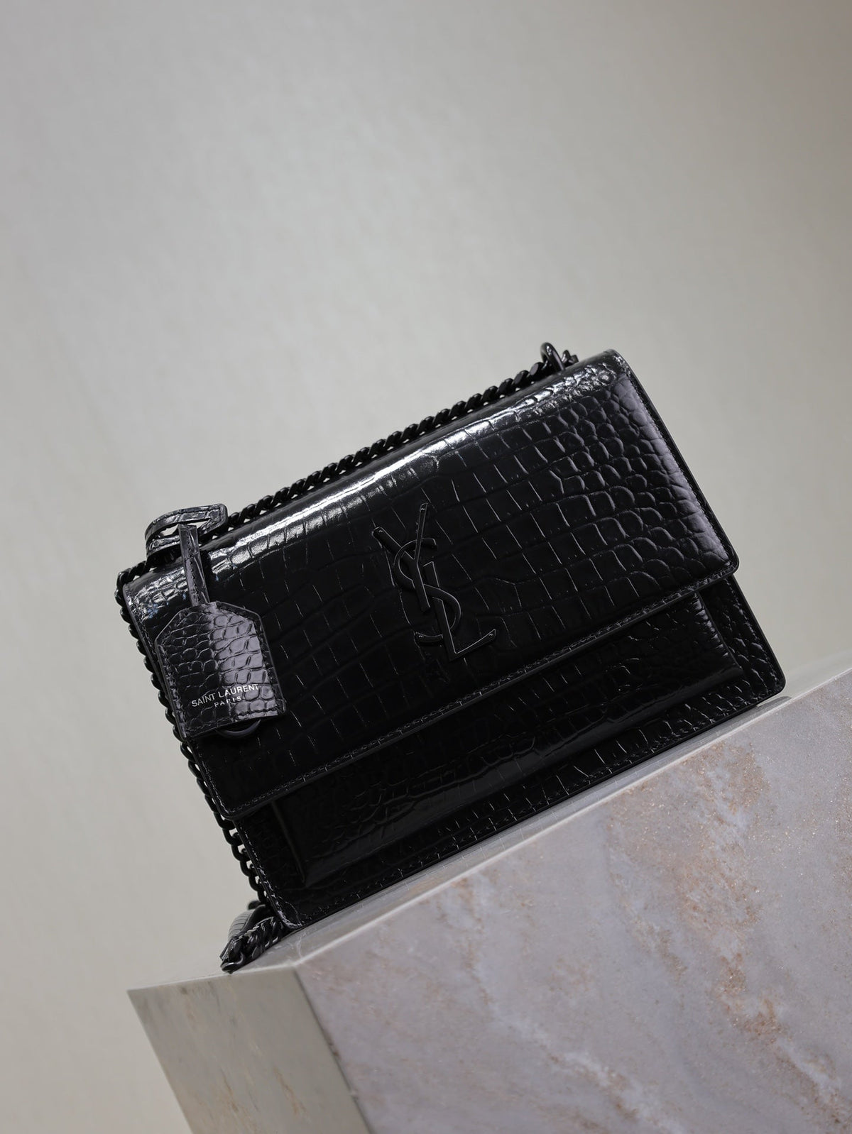 Saint Laurent 25S Sunset Medium 22 in Black Crocodile-Embossed Shiny Calfskin Black Hardwre Bag