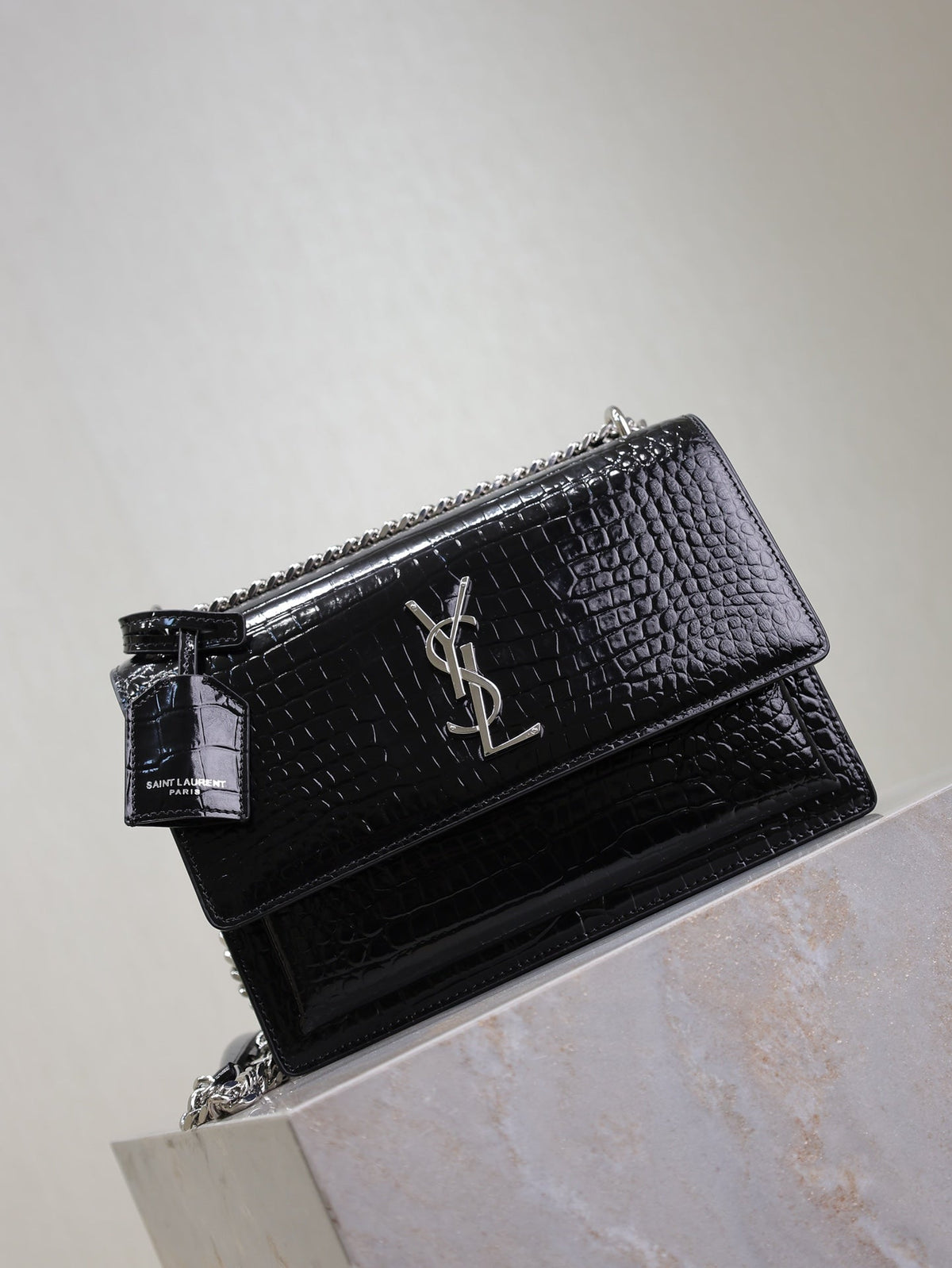Saint Laurent 25S Sunset Medium 22 in Black Crocodile-Embossed Shiny Calfskin Silver Hardwre Bag