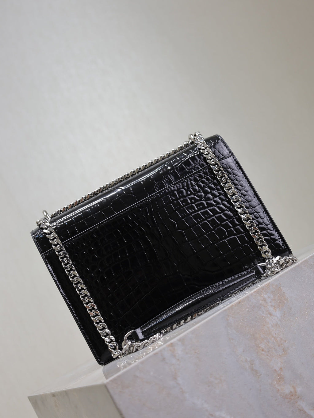 Saint Laurent 25S Sunset Medium 22 in Black Crocodile-Embossed Shiny Calfskin Silver Hardwre Bag