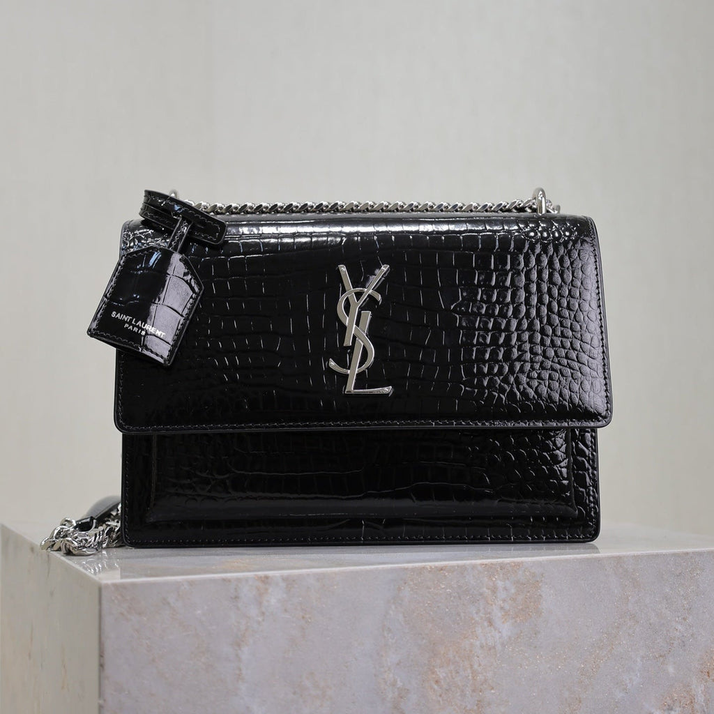 Saint Laurent 25S Sunset Medium 22 in Black Crocodile-Embossed Shiny Calfskin Silver Hardwre Bag