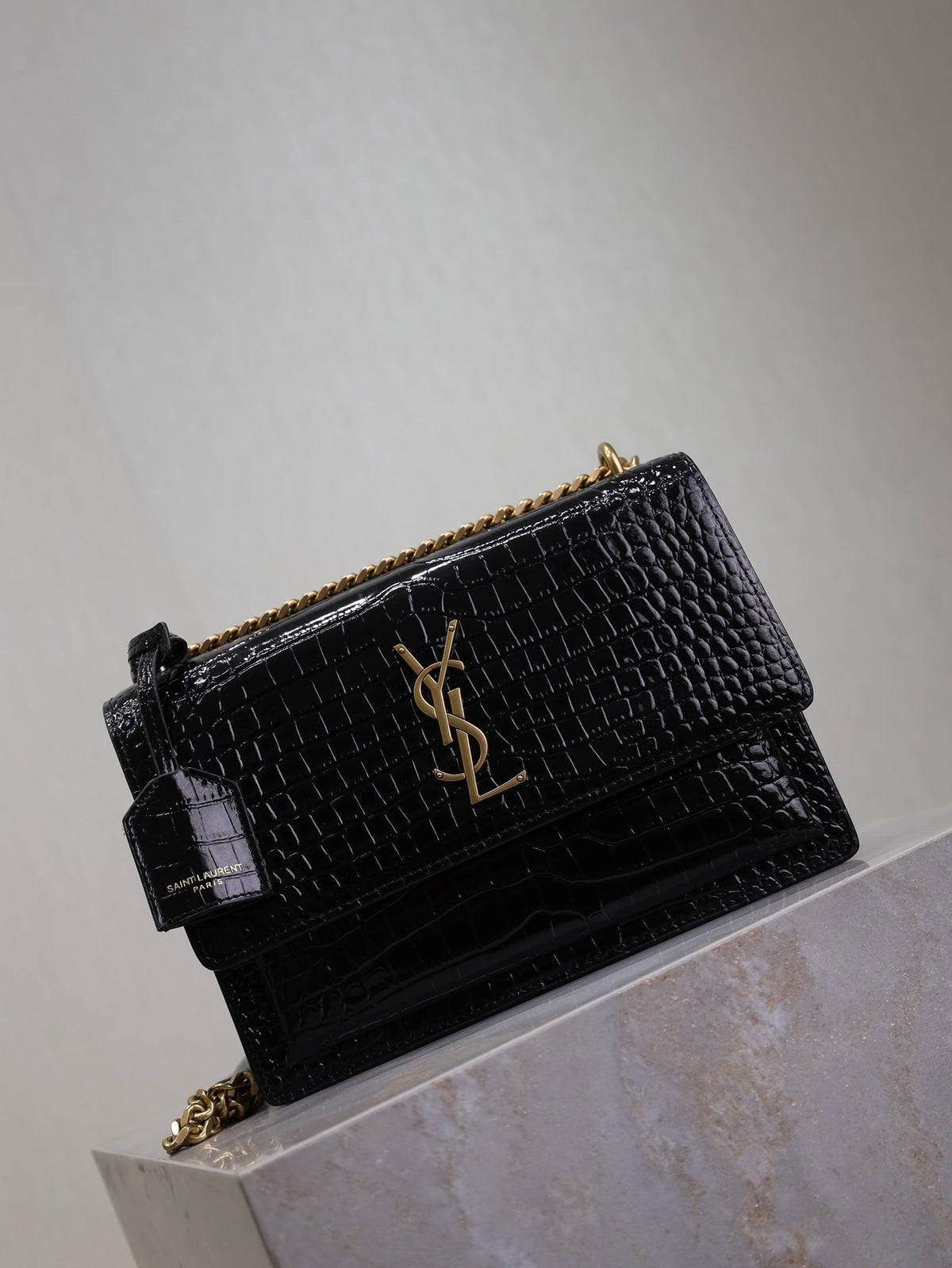 Saint Laurent 25S Sunset Medium 22 in Black Crocodile-Embossed Shiny Calfskin Gold Hardwre Bag