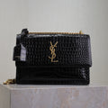 Saint Laurent 25S Sunset Medium 22 in Black Crocodile-Embossed Shiny Calfskin Gold Hardwre Bag