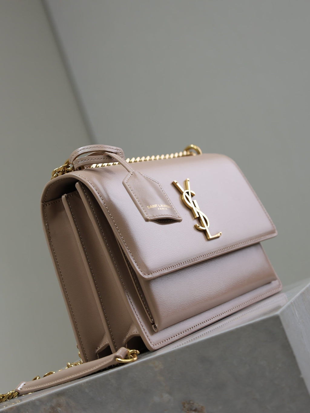 Saint Laurent 25S Sunset Bag 22 in Warm Taupe Pink Calfskin Gold Hardwre