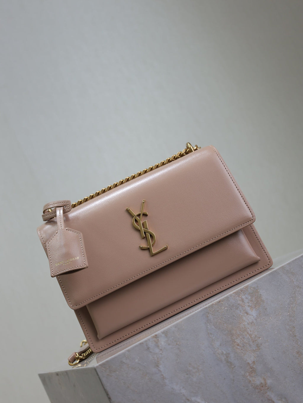 Saint Laurent 25S Sunset Bag 22 in Warm Taupe Pink Calfskin Gold Hardwre