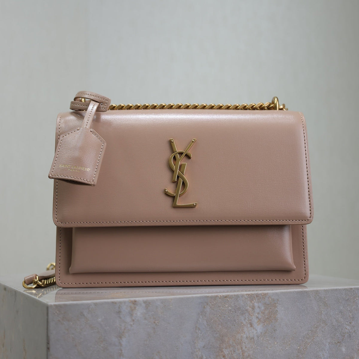 Saint Laurent 25S Sunset Bag 22 in Warm Taupe Pink Calfskin Gold Hardwre