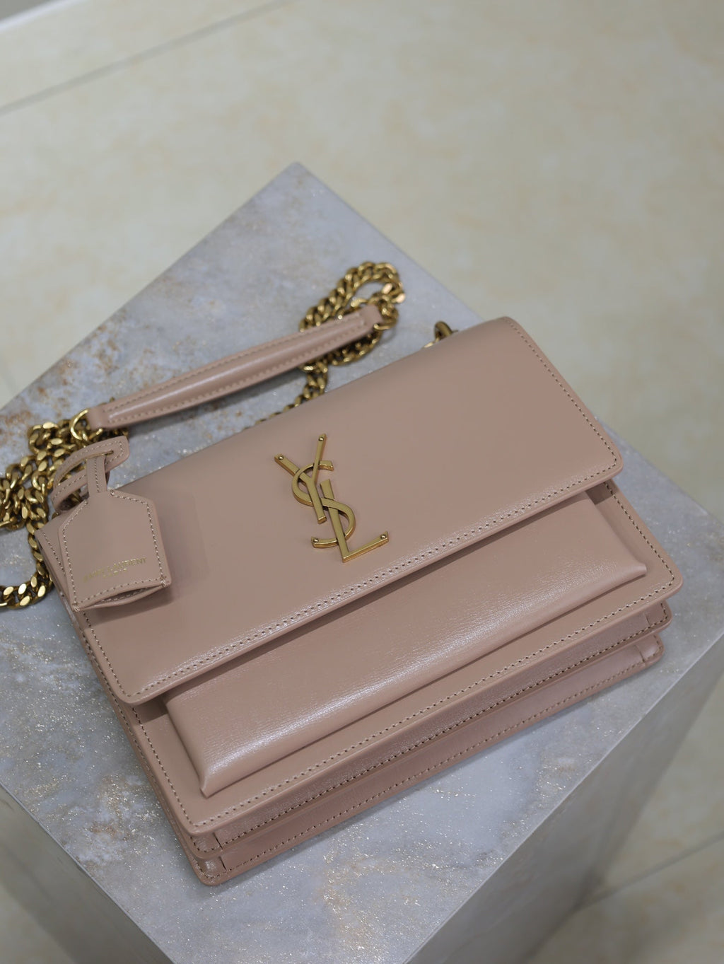 Saint Laurent 25S Sunset Bag 22 in Warm Taupe Pink Calfskin Gold Hardwre