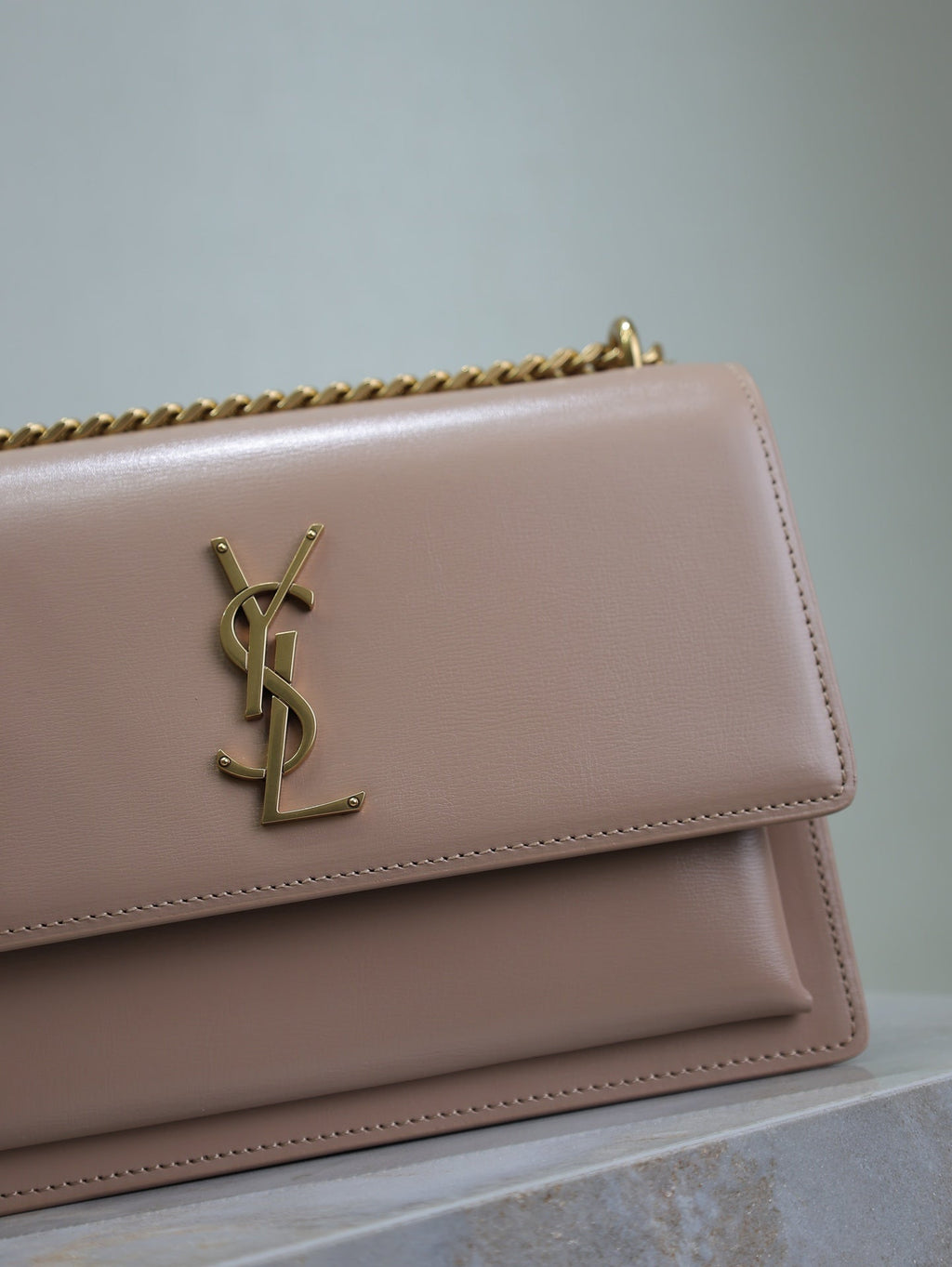 Saint Laurent 25S Sunset Bag 22 in Warm Taupe Pink Calfskin Gold Hardwre