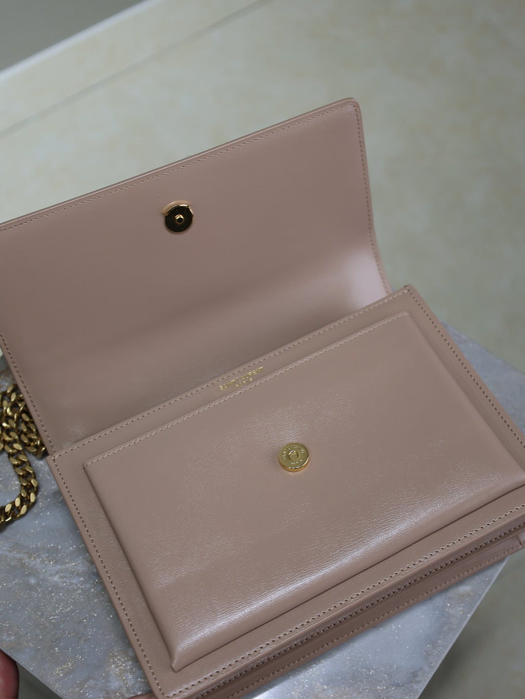 Saint Laurent 25S Sunset Bag 22 in Warm Taupe Pink Calfskin Gold Hardwre