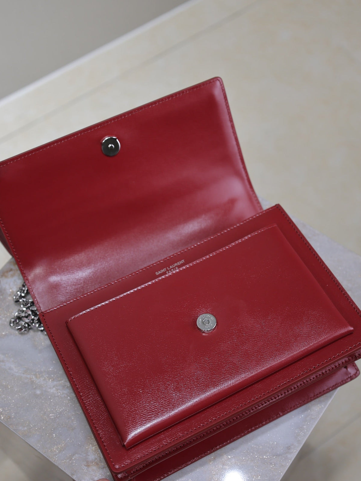 Saint Laurent 25S Sunset Bag 22 in Crimson Red Calfskin Silver Hardwre
