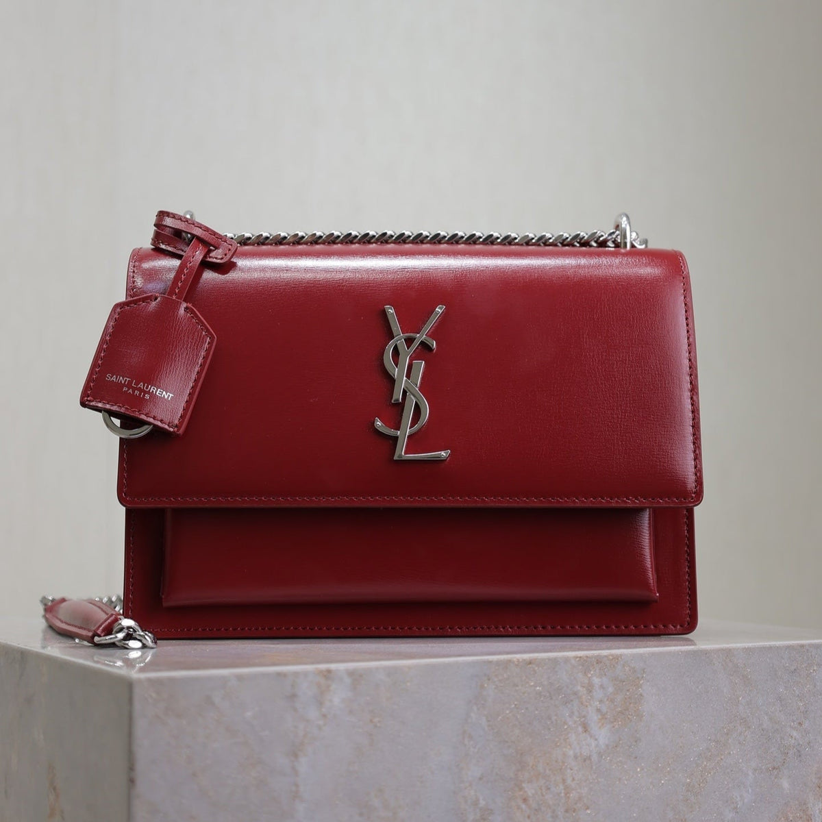 Saint Laurent 25S Sunset Bag 22 in Crimson Red Calfskin Silver Hardwre